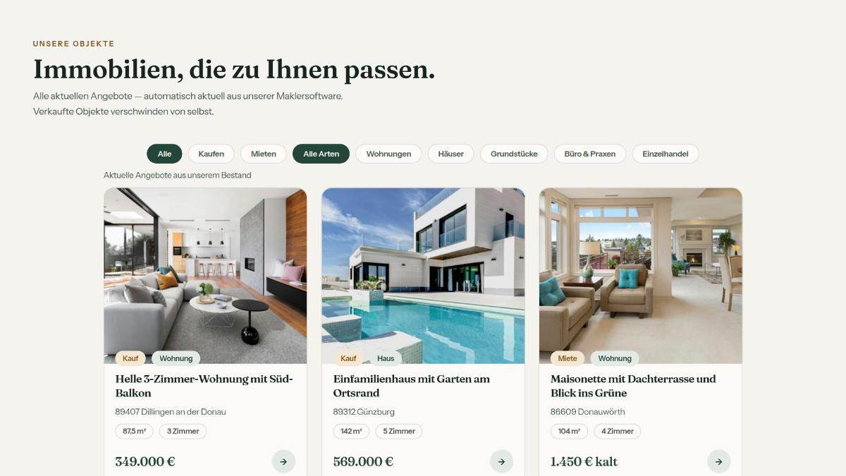 Objektliste mit Filtern für Kauf, Miete und Objektart