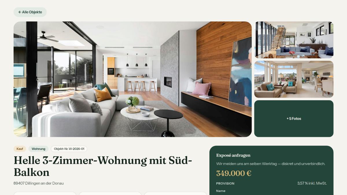Objektseite mit Eckdaten, Energieausweis und Anfrageformular