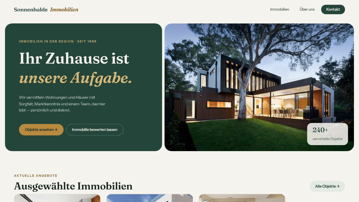 Startseite der Vorlage mit Hero-Bereich und Objektvorschau
